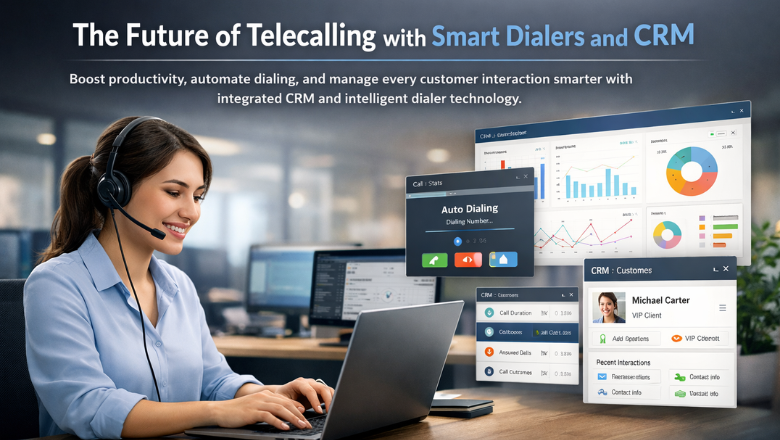Female telecaller using laptop with smart dialer and CRM dashboards.