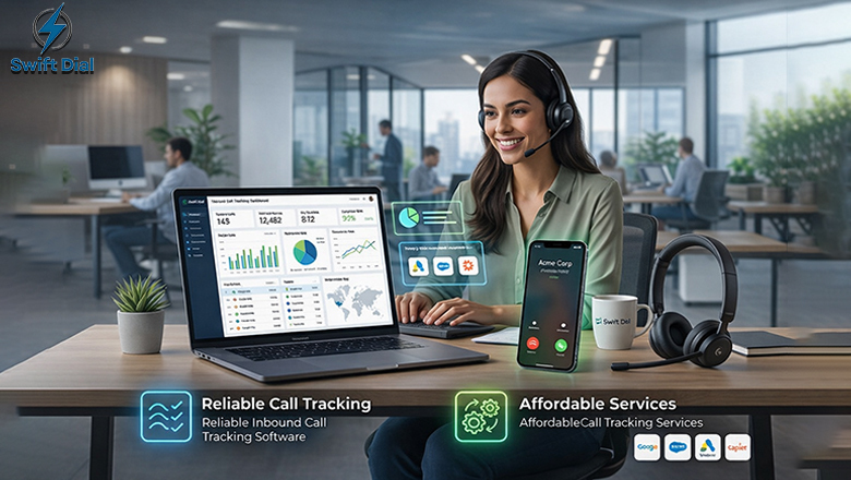 A smiling professional using Swift Dial software to manage reliable call tracking and affordable inbound services.