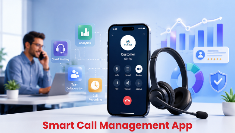 A smartphone displays a missed call list within the Swift Dial app, featuring analytics, routing, and call recording tools.