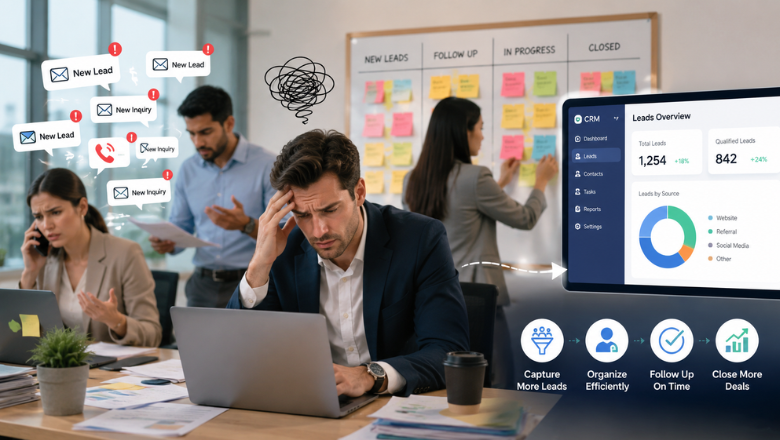 Stressed office workers manage a missed call list before transitioning to an organized CRM dashboard to close deals efficiently.