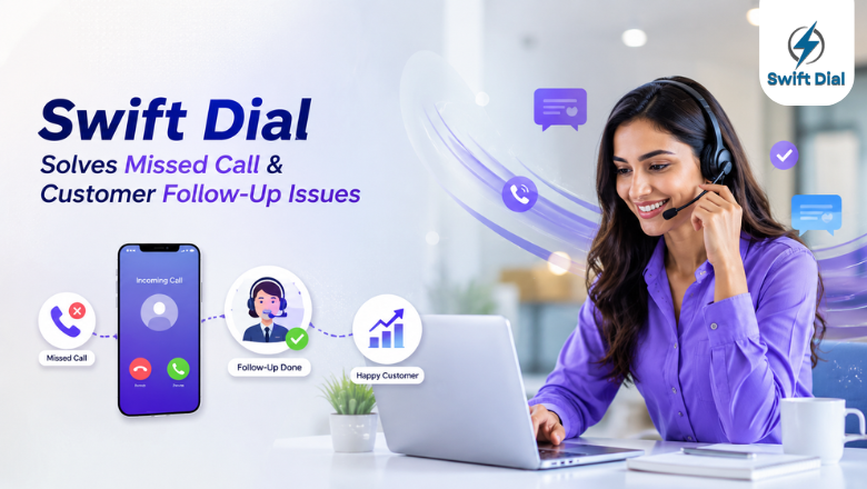 A smiling woman with a headset works at a laptop, illustrating how Swift Dial converts missed calls into happy customers.