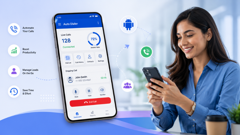 A smiling woman uses her smartphone next to a large display illustrating the features of mobile auto dialer software.