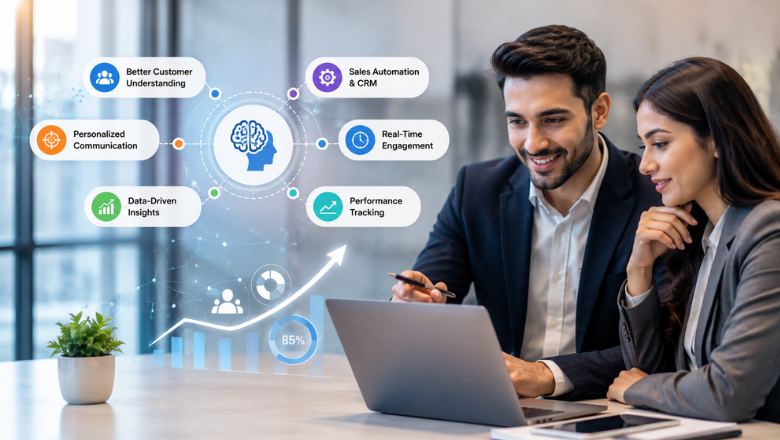 Business communication software banner showing call center executive, CRM integration, automated dialing, lead tracking, and productivity-focused workflow elements.