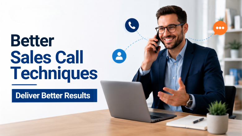 Smiling sales representative talking on phone while working on laptop, showcasing effective sales call techniques, confident communication skills, customer engagement, improved conversations, and higher business performance in a professional workspace.
