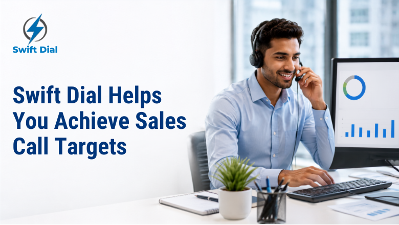 Professional customer support executive using Swift Dial software with headset, monitoring live call analytics and performance dashboard, demonstrating efficient outbound calling, productivity improvement, and streamlined sales communication in a modern office.