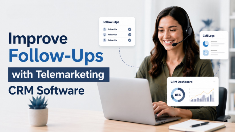 Customer service executive using telemarketing CRM software to manage follow-ups, call logs, customer interactions, and performance analytics, improving lead nurturing, communication efficiency, and sales productivity from a modern office.