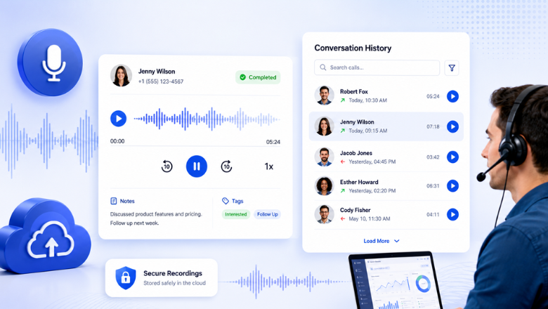 Call recording and conversation history interface featuring audio playback, searchable call logs, customer interactions, secure cloud storage, notes, tags, and communication records.