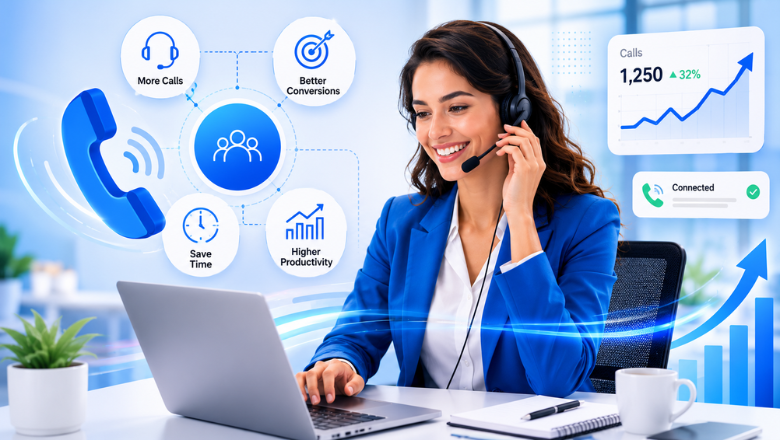 Sales representative using Swift Dial auto dialer software with visual elements showing more calls, better conversions, time savings, enhanced productivity, and business growth.