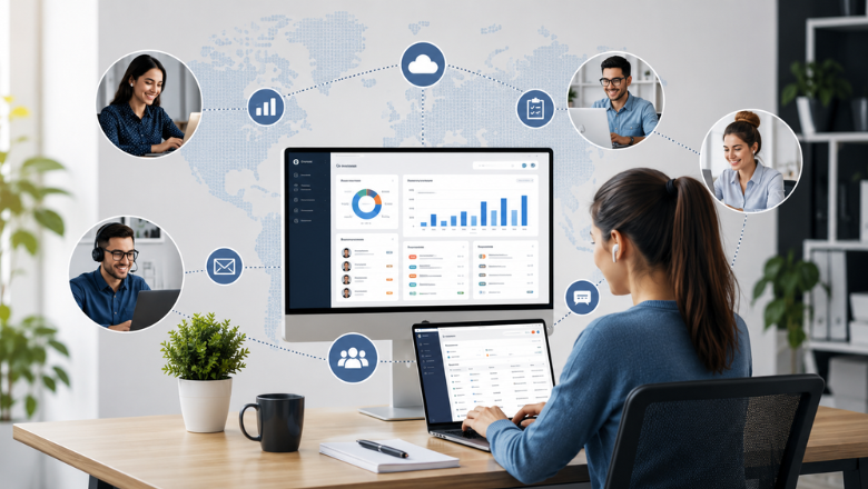 Professional working at a digital dashboard connecting remote employees worldwide through cloud collaboration, analytics, messaging, and performance monitoring, showcasing efficient virtual teamwork, productivity tracking, and seamless business communication.