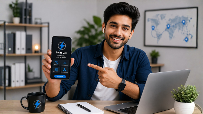 Smiling professional displaying a swift dial call management mobile application beside a laptop, promoting smart calling, team collaboration, call analytics, and productivity tools for modern remote work and customer engagement.