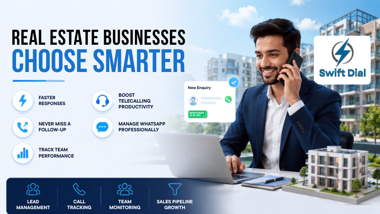 Real estate sales executive using Swift Dial CRM to manage leads, improve telecalling productivity, track customer interactions, boost team performance, and increase sales conversions efficiently.