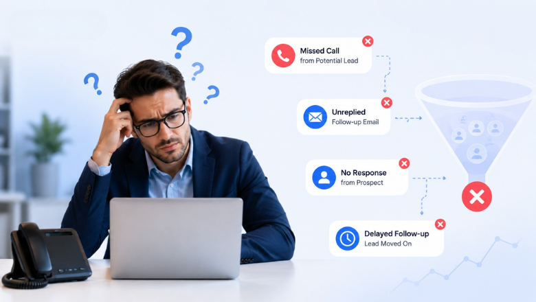 Sales representative struggling with missed calls, delayed follow-ups, and lost leads without an automatic calling app, resulting in reduced productivity and lower business conversions.