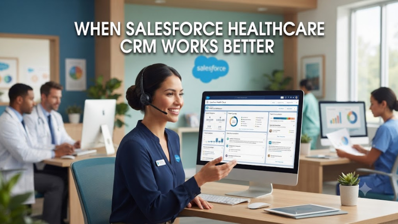 A diverse team of medical professionals works at workstations; a smiling female administrator in scrubs points to a Salesforce Healthcare CRM dashboard on her computer screen.
