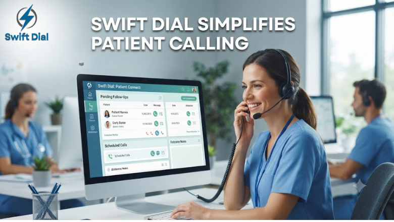 Professional medical office featuring a Swift Dial CRM interface, with a smiling female operator in scrubs managing patient follow-up calls using the software on a large monitor.