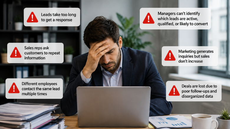 Stressed business professional surrounded by warning signs illustrating poor lead management issues, including slow responses, duplicate contacts, unqualified leads, and declining sales performance.